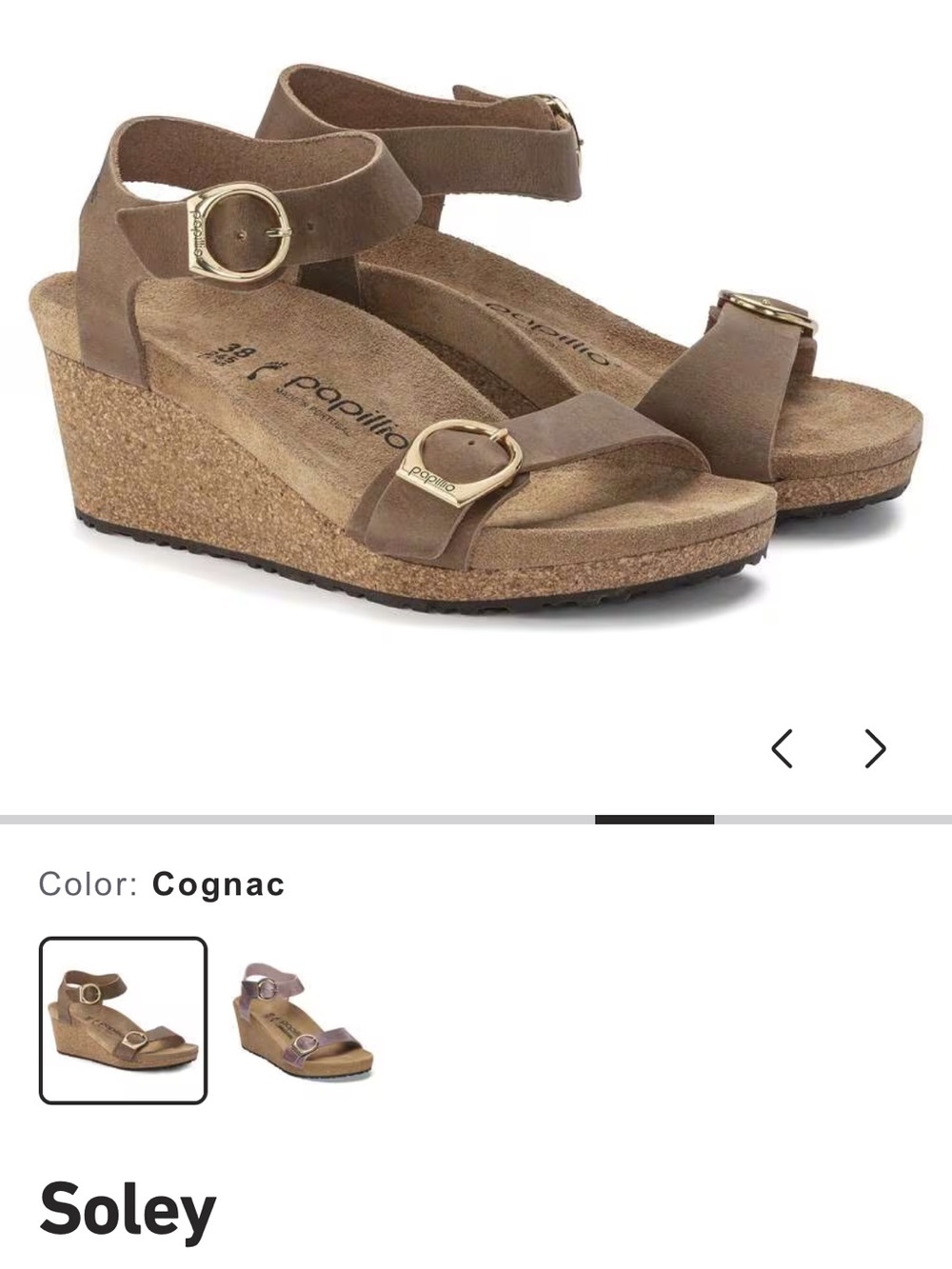 NWT Birkenstock Soley Wedge Sandal in Cognac Brown with Gold Buckles